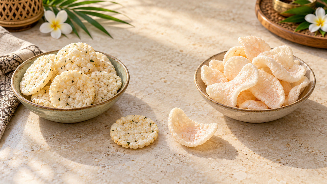 Two bowls of Thai rice crackers and prawn crackers arranged on a warm stone table