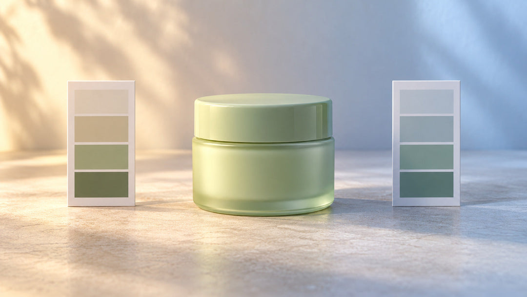 Pastel green cosmetic jar between warm and cool colour swatch cards under mixed lighting