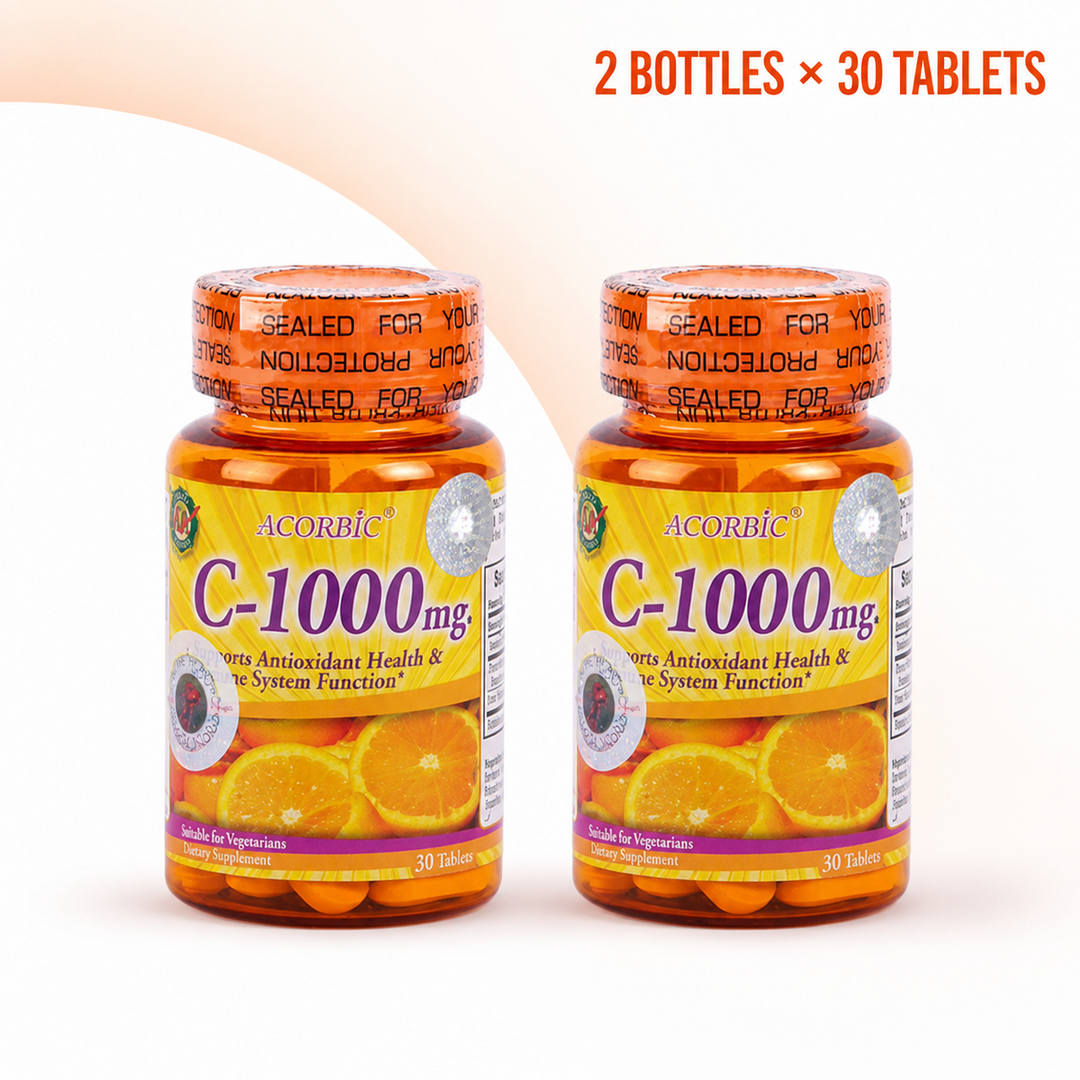 Two sealed ACORBIC C-1000 mg vitamin C bottles, 30 tablets per bottle
