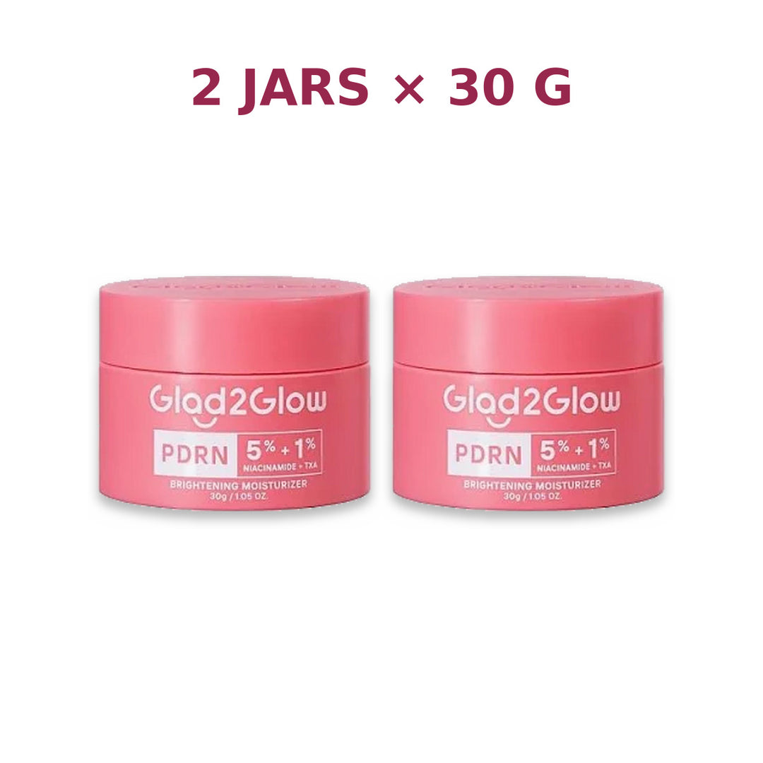 Two Glad2Glow PDRN Brightening Moisturizer 30 g jars on a white background
