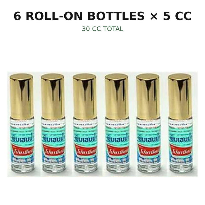Six Poy-Sian Pim-Saen aromatic balm oil roll-on bottles, 5 cc each