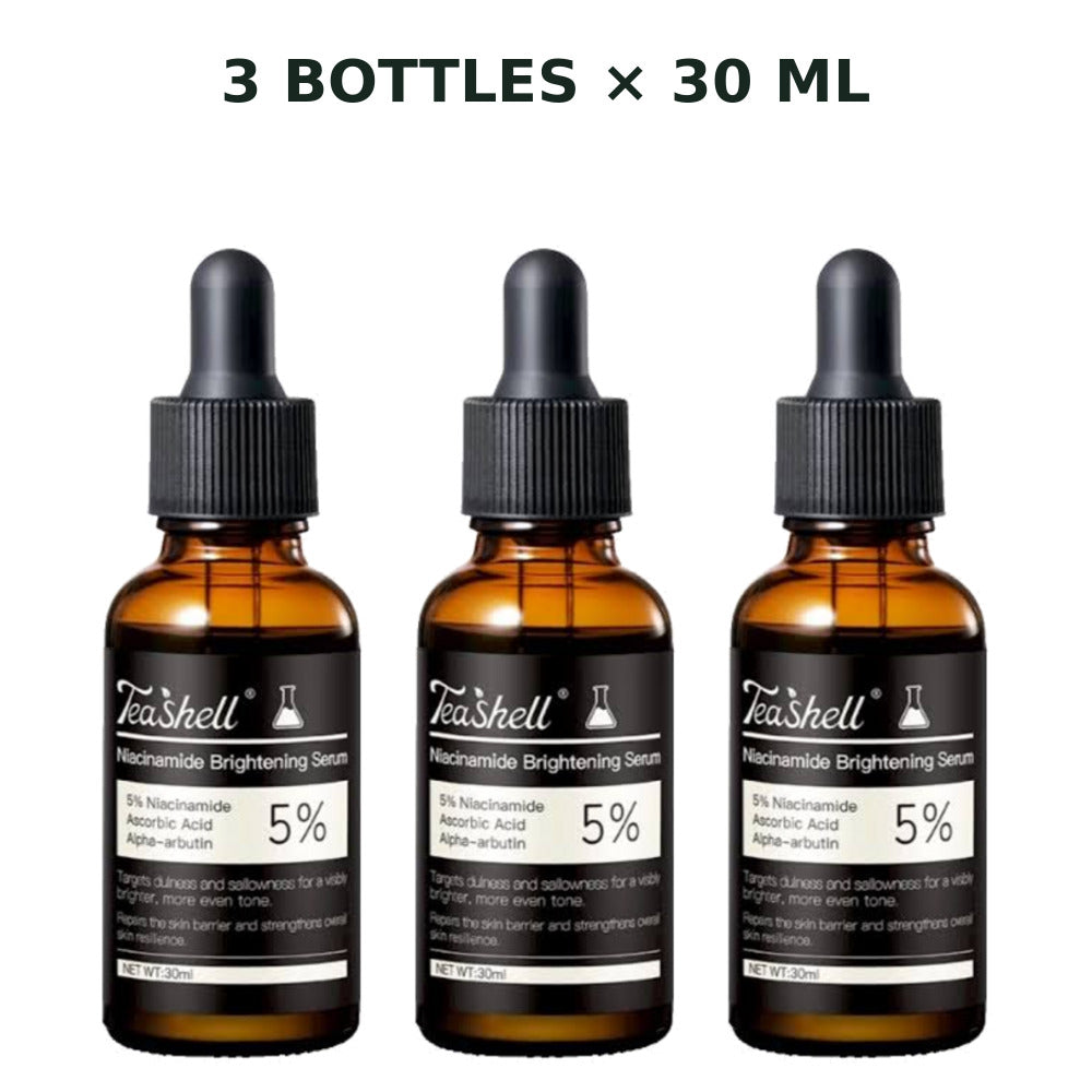 Three TeaShell Niacinamide Brightening Serum 30ml dropper bottles on a white background