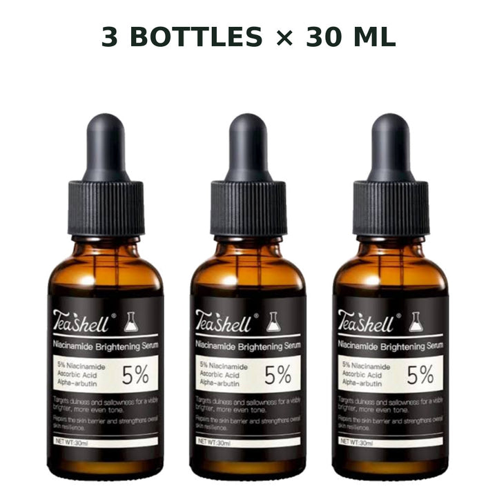 Three TeaShell Niacinamide Brightening Serum 30ml dropper bottles on a white background
