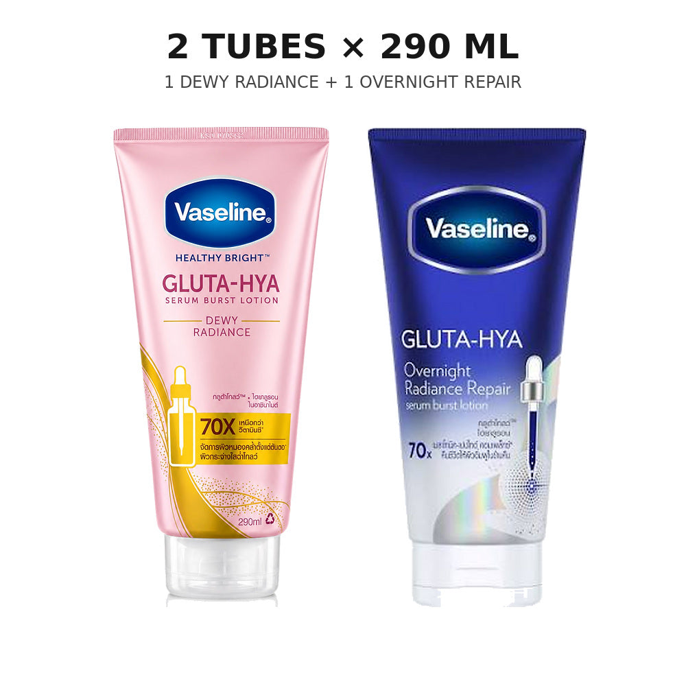 Vaseline Gluta-Hya duo with one Dewy Radiance 290ml tube and one Overnight Radiance Repair 290ml tube