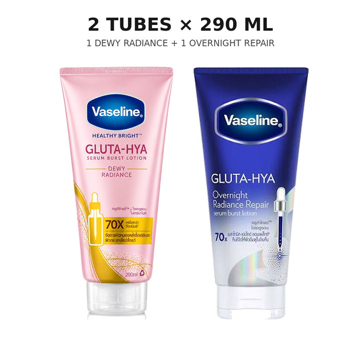 Vaseline Gluta-Hya duo with one Dewy Radiance 290ml tube and one Overnight Radiance Repair 290ml tube