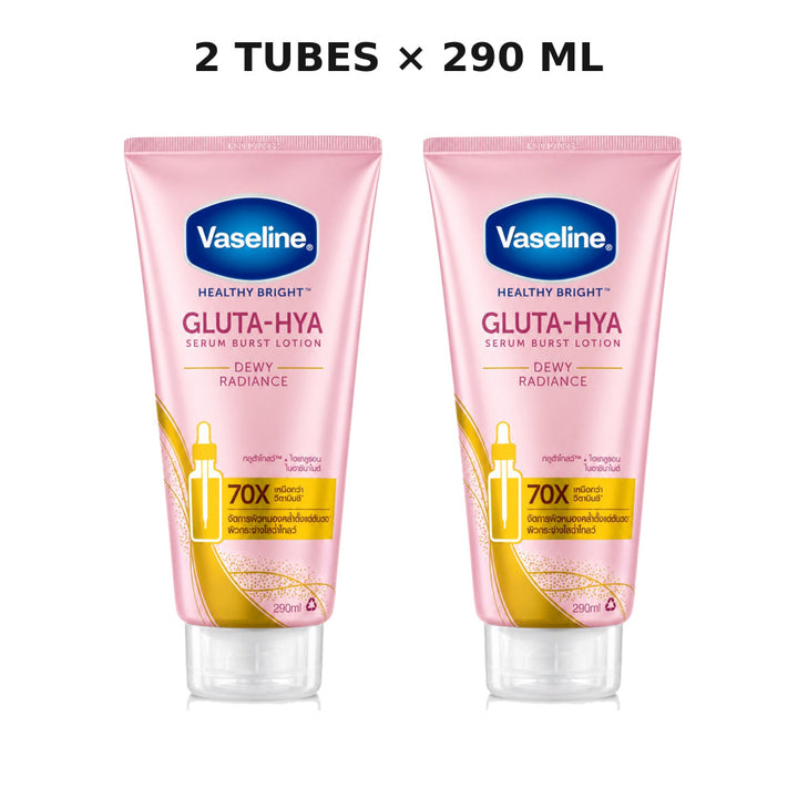 Two Vaseline Healthy Bright Gluta-Hya Dewy Radiance 290ml body lotion tubes on a white background
