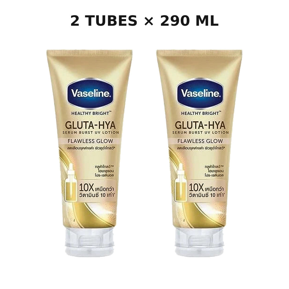Two Vaseline Healthy Bright Gluta-Hya Flawless Glow 290ml body lotion tubes on a white background