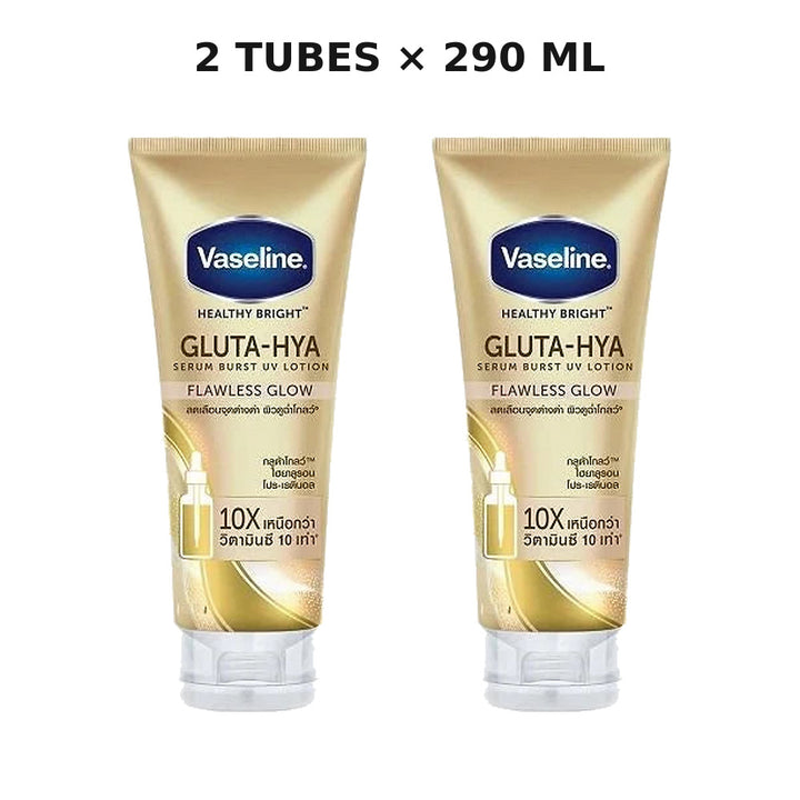 Two Vaseline Healthy Bright Gluta-Hya Flawless Glow 290ml body lotion tubes on a white background