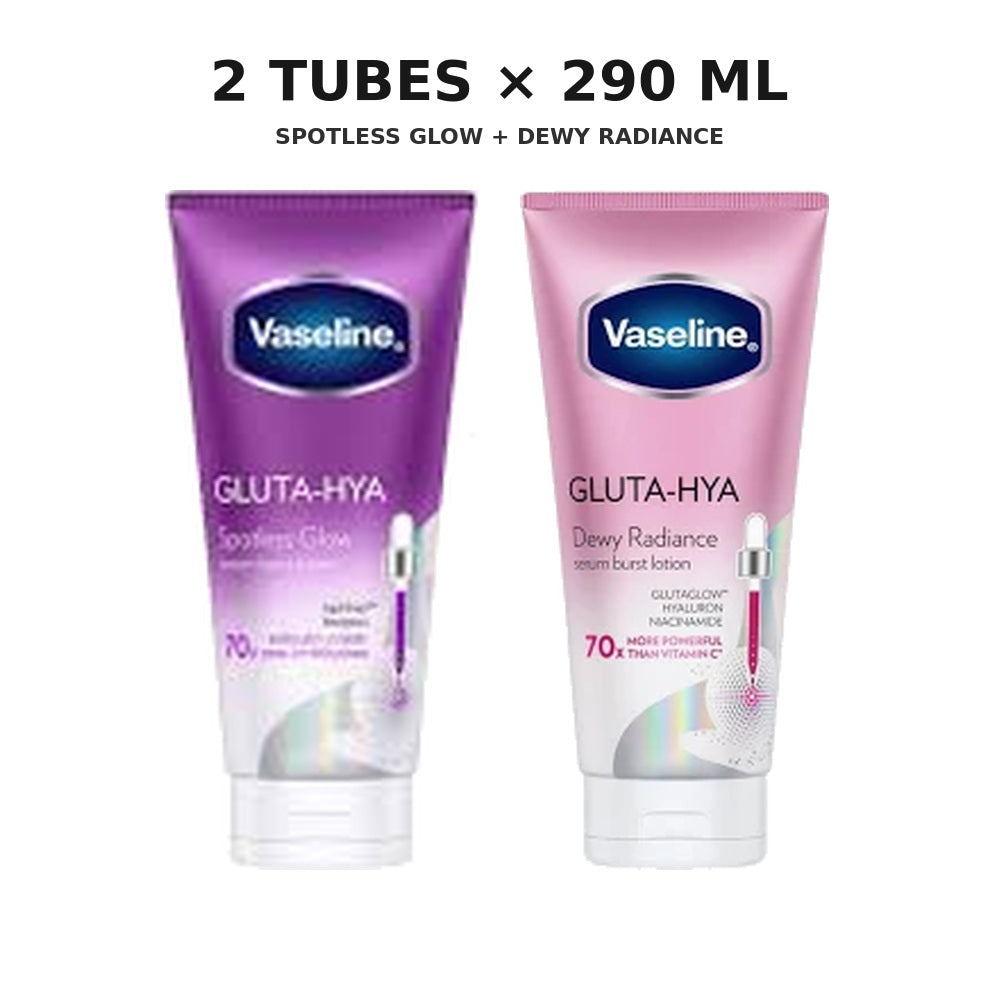 Vaseline Gluta-Hya mixed duo with one Spotless Glow and one Dewy Radiance tube, 290 ml each