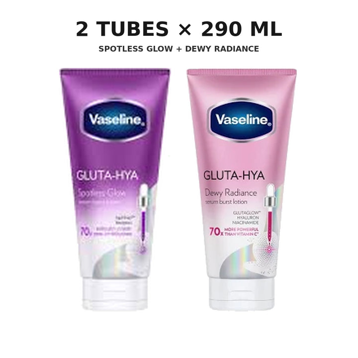 Vaseline Gluta-Hya mixed duo with one Spotless Glow and one Dewy Radiance tube, 290 ml each