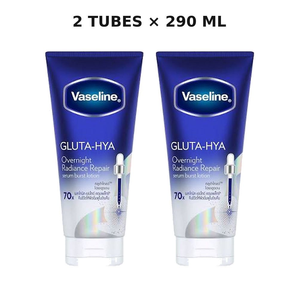 Two Vaseline Gluta-Hya Overnight Radiance Repair 290ml body lotion tubes on a white background
