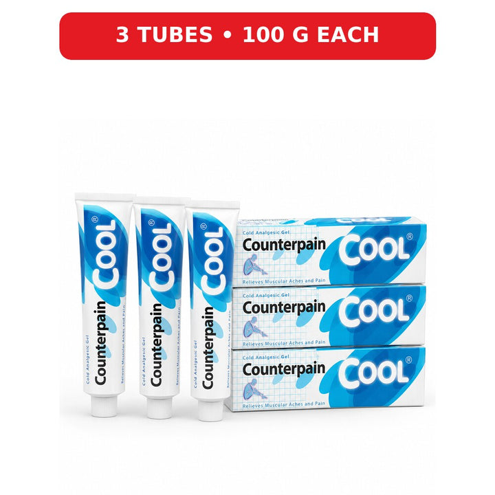 Three Counterpain Cool Cold Analgesic Gel 100g tubes with blue retail boxes