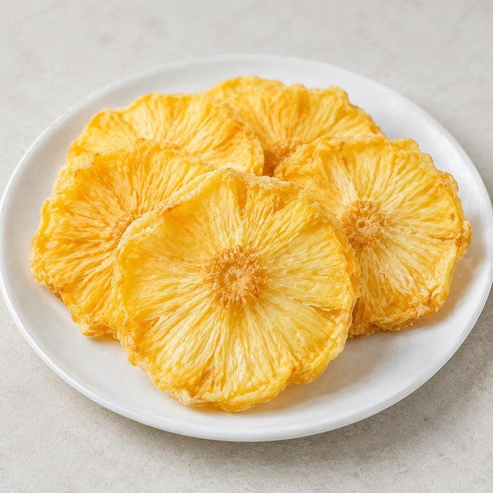 Close-up of naturally golden dried pineapple pieces
