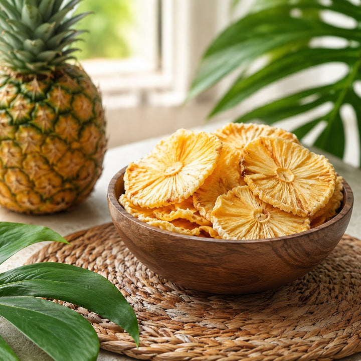 Dried pineapple served as a snack with fresh pineapple