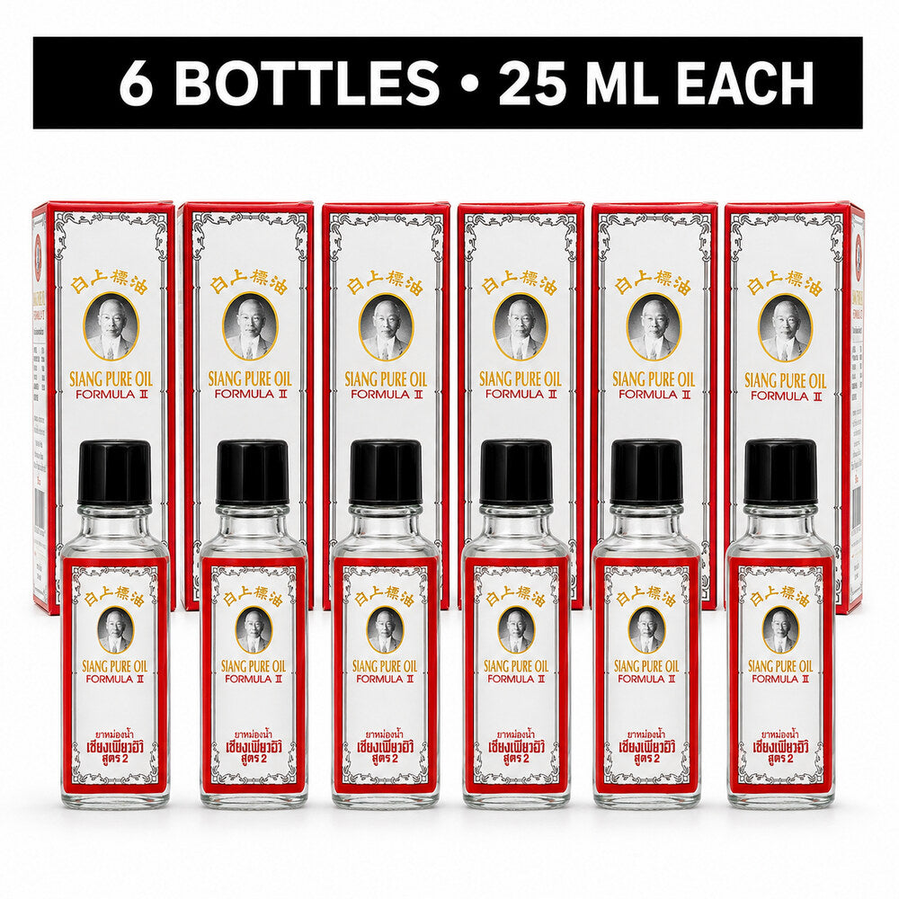 Six Siang Pure Oil Formula II 25ml bottles with six white retail boxes