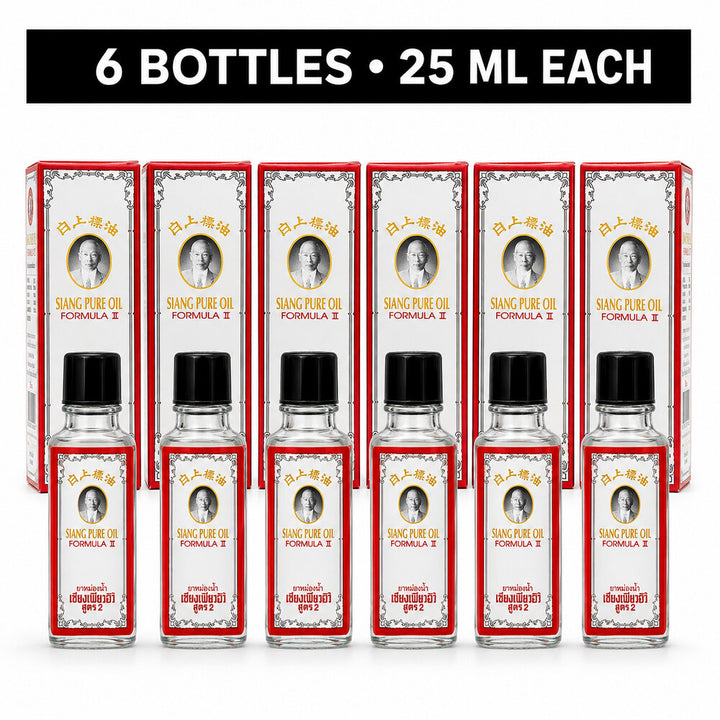 Six Siang Pure Oil Formula II 25ml bottles with six white retail boxes