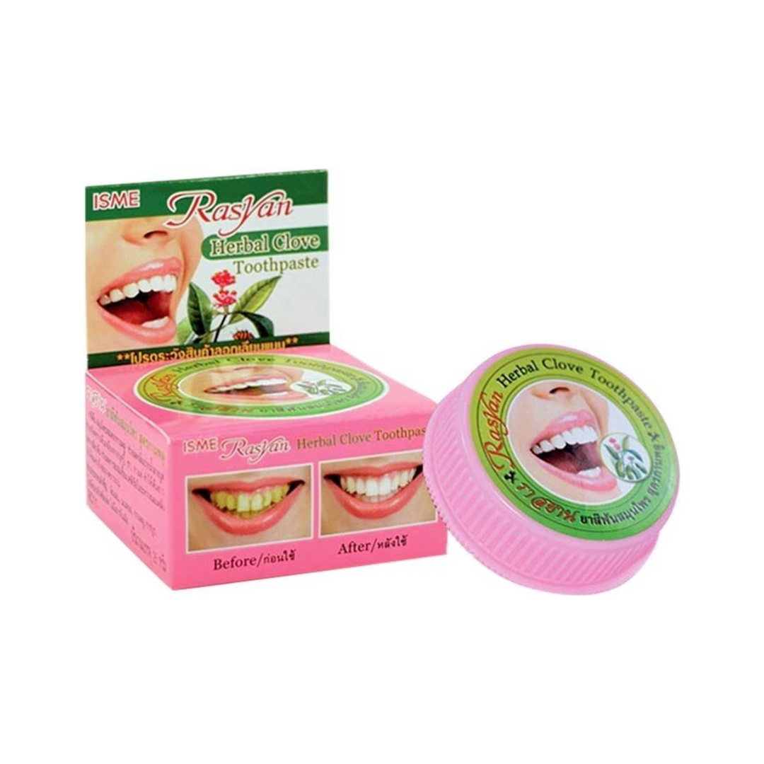 Authentic ISME Rasyan Herbal Clove Toothpaste 25 g jar with matching retail box