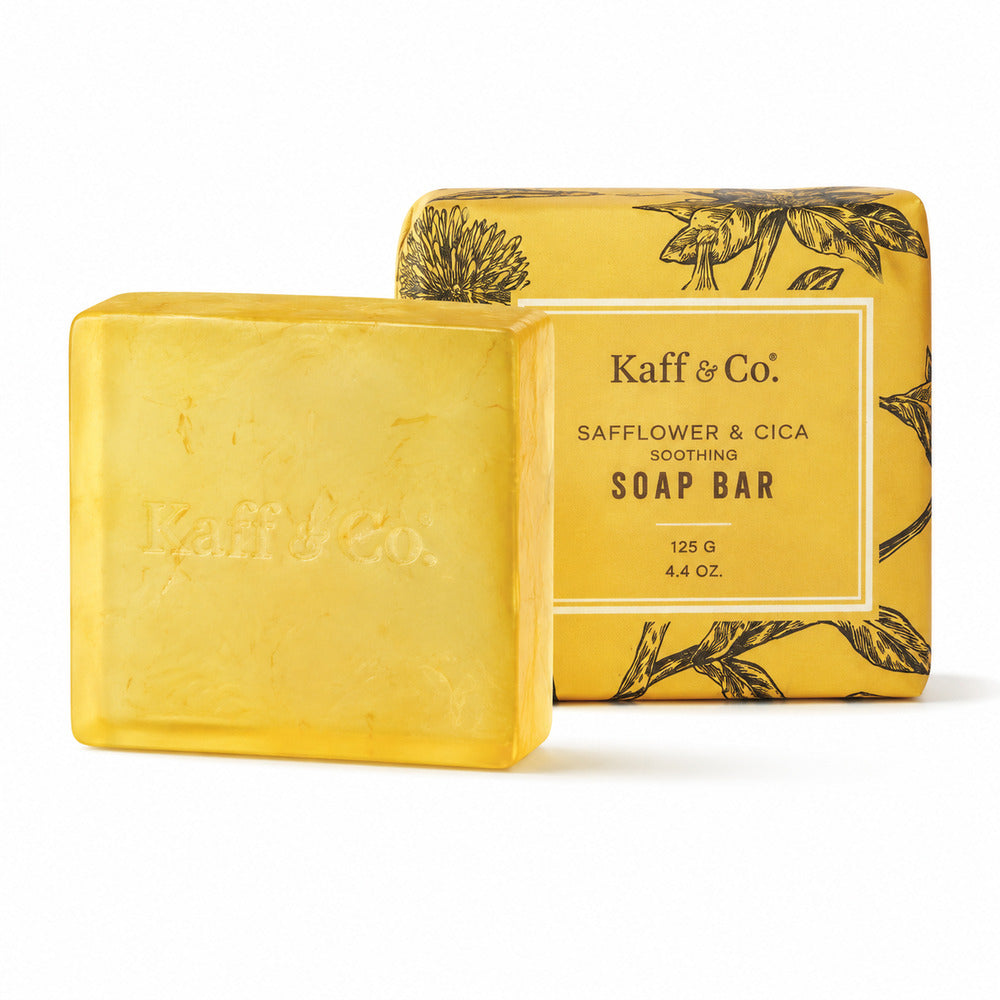 Kaff & Co Safflower and Cica 125g soap bar wrapped and unwrapped