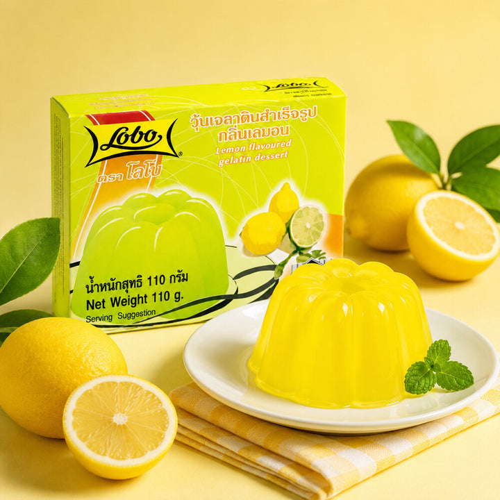 Lobo Lemon Flavoured Gelatin Dessert box and lemon dessert