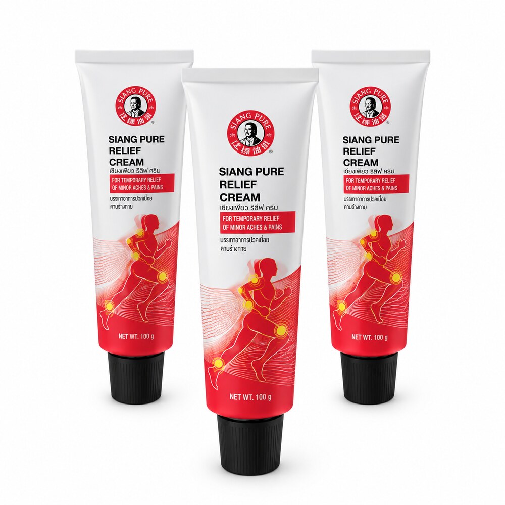 Three Siang Pure Relief Cream 100g tubes on a white background
