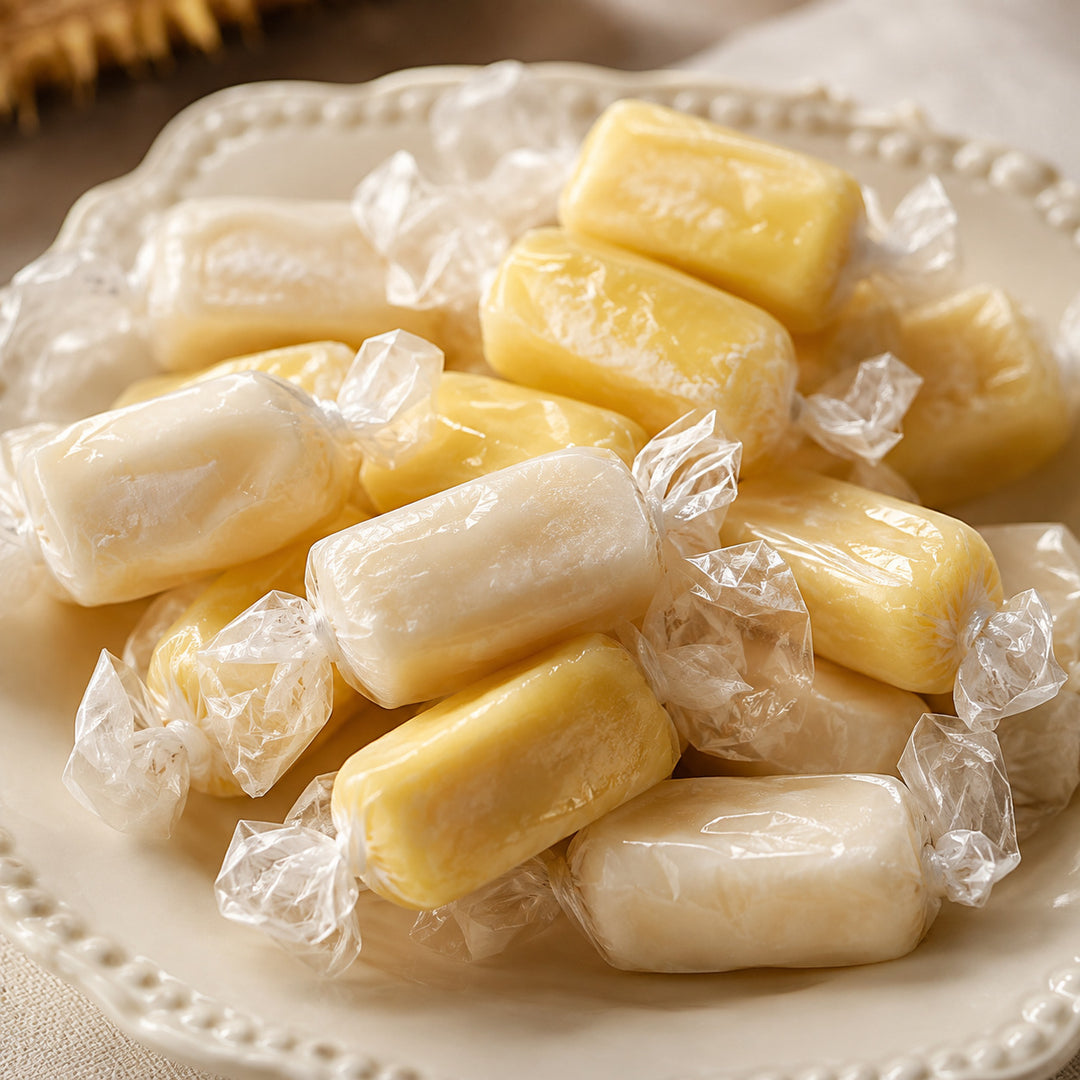 Durian milk toffees in yellow and white wrappers