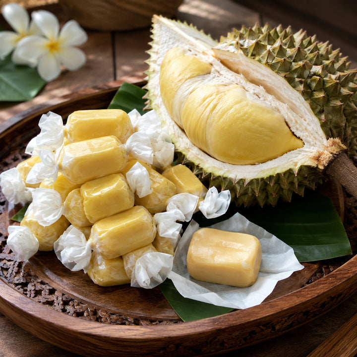 Durian milk toffees served with fresh durian