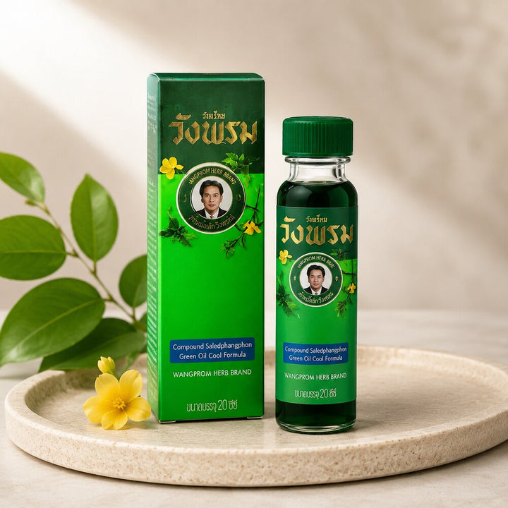 Wang Prom Green Oil Cool bottle with botanical styling