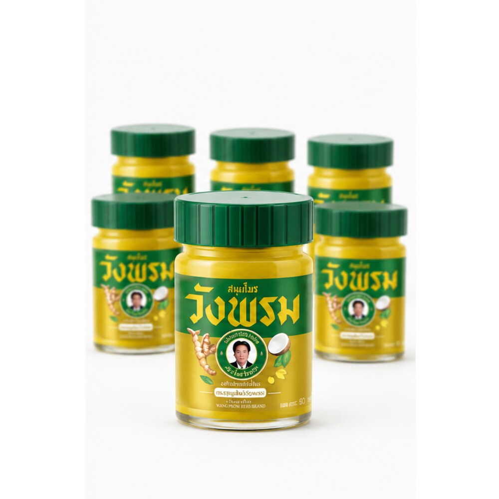 Wang Prom Herbal Balm Gold 50g jar detail with the six-jar set