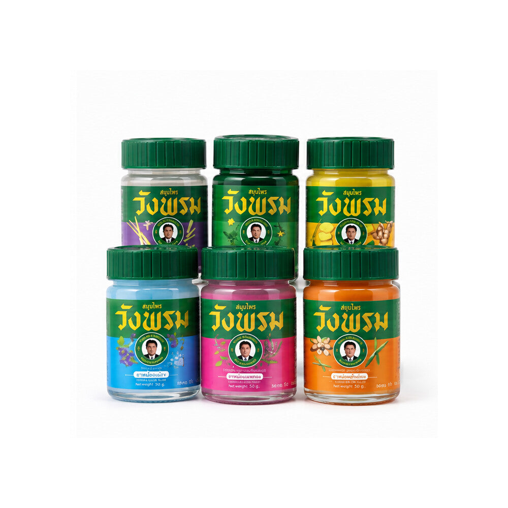 Six Wang Prom Herbal Balm 50g formulas arranged together