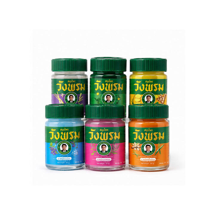 Six Wang Prom Herbal Balm 50g formulas arranged together