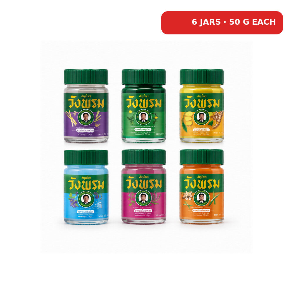 Six different Wang Prom Herbal Balm 50g glass jars in a fixed mixed assortment