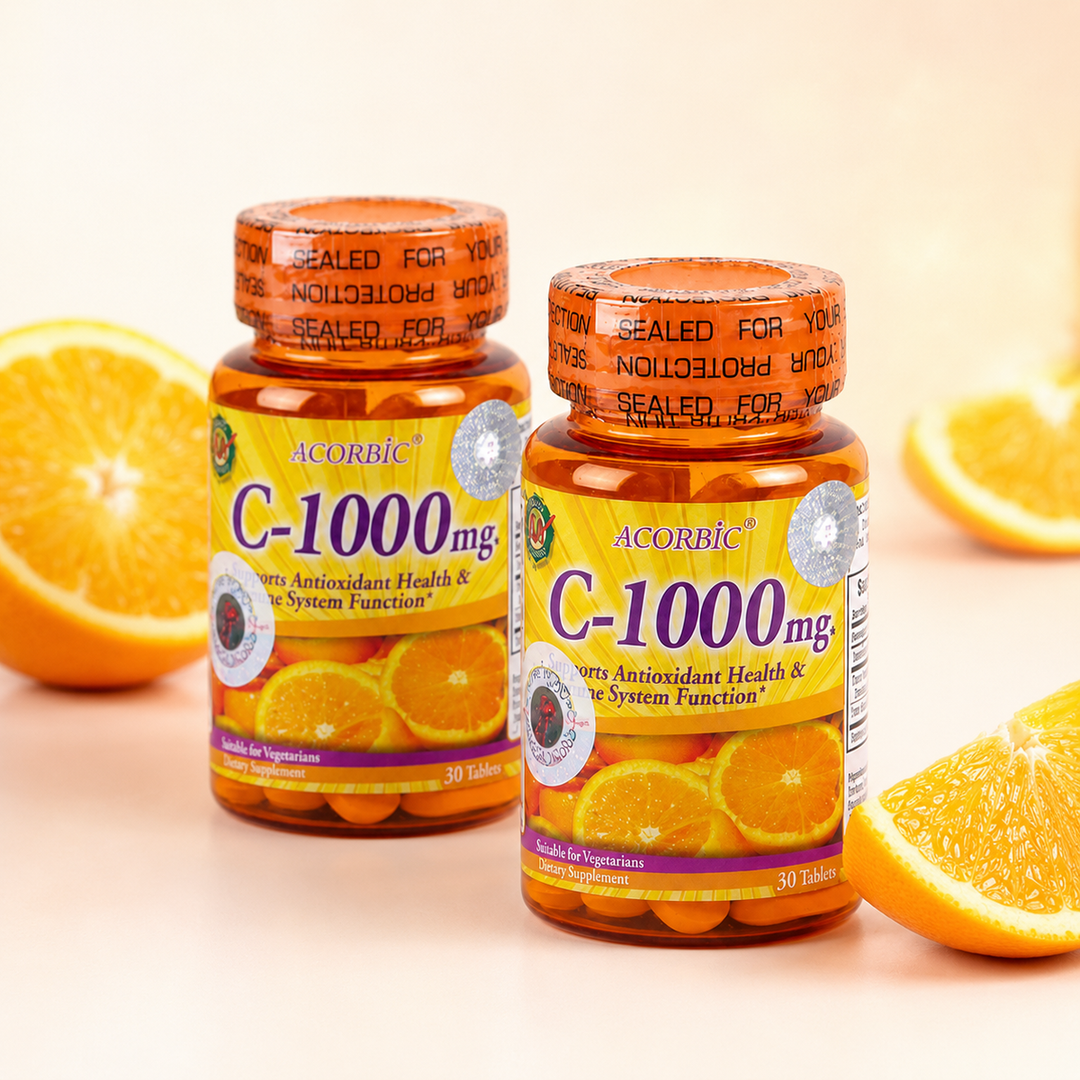  ACORBIC C-1000 mg two-bottle vitamin C bundle with fresh orange styling
