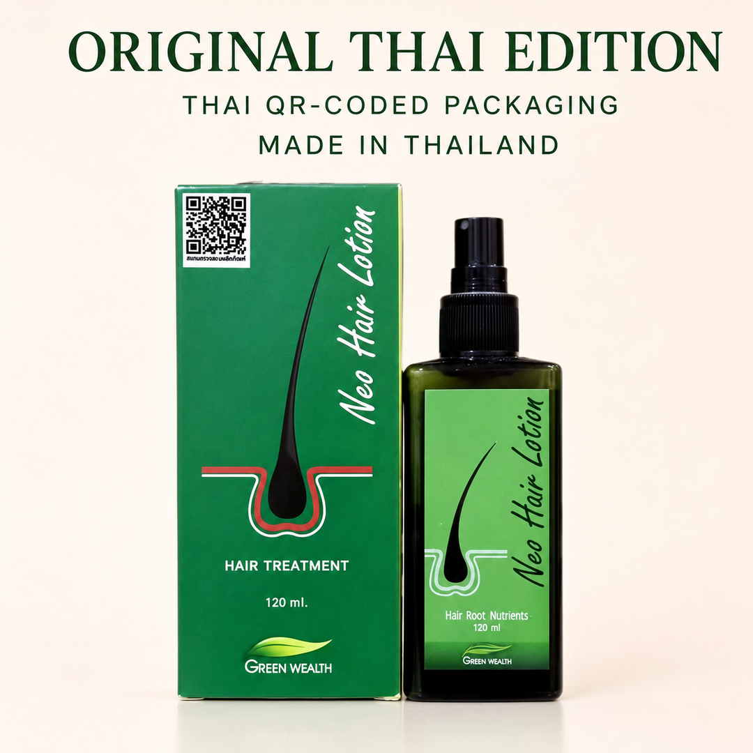 Green Wealth Neo Hair Lotion Thai edition box with QR-coded packaging and 120 ml spray bottle
