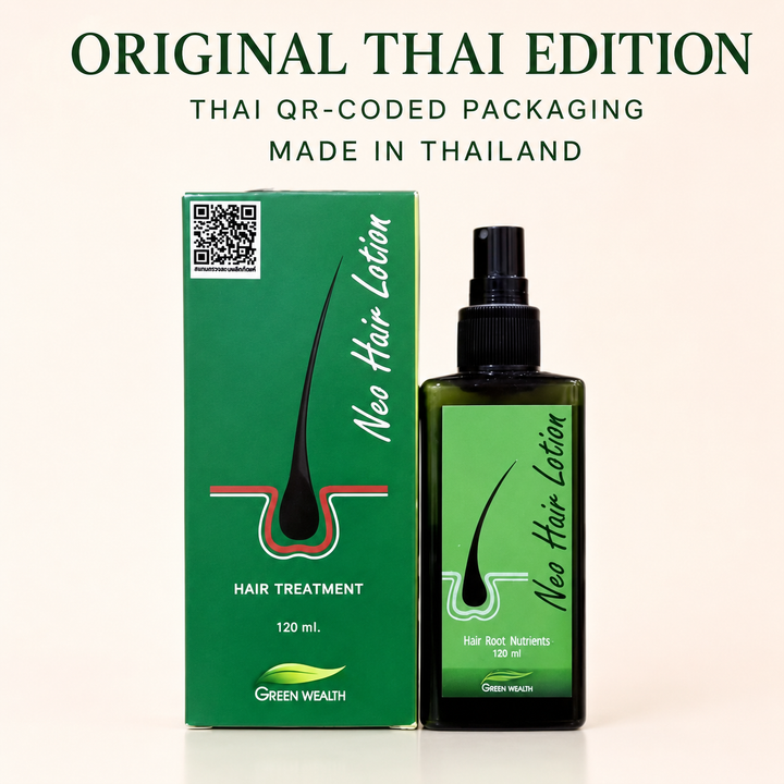 Green Wealth Neo Hair Lotion Thai edition box with QR-coded packaging and 120 ml spray bottle
