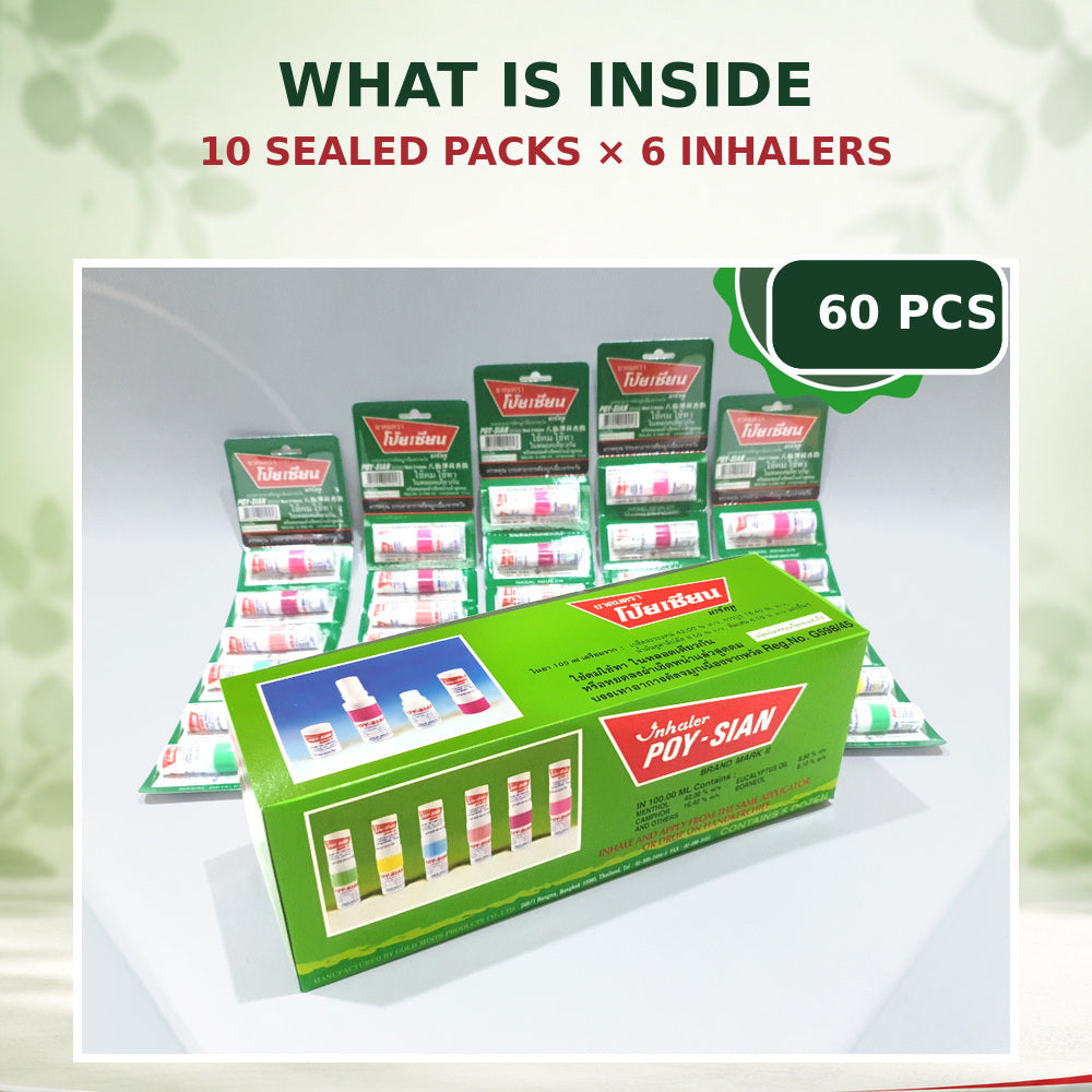 Open Poy-Sian Mark II box with 10 sealed packs and 60 inhalers
