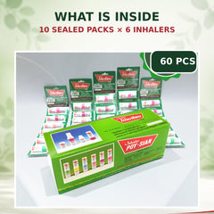 Open Poy-Sian Mark II box with 10 sealed packs and 60 inhalers