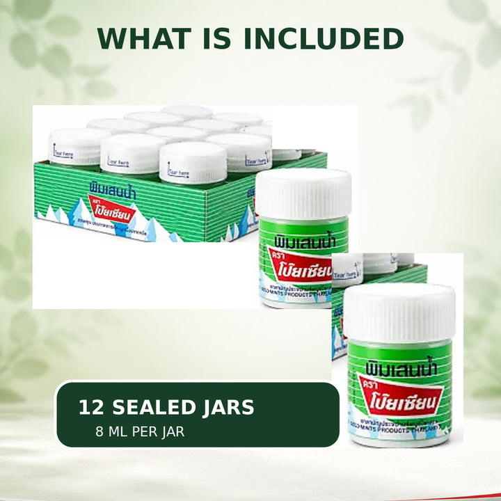 Poy-Sian Pim-Saen box contents with 12 sealed jars and one 8 ml jar enlarged"