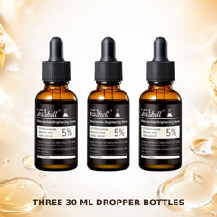 hree TeaShell 5 percent niacinamide serum bottles on an amber serum-inspired background