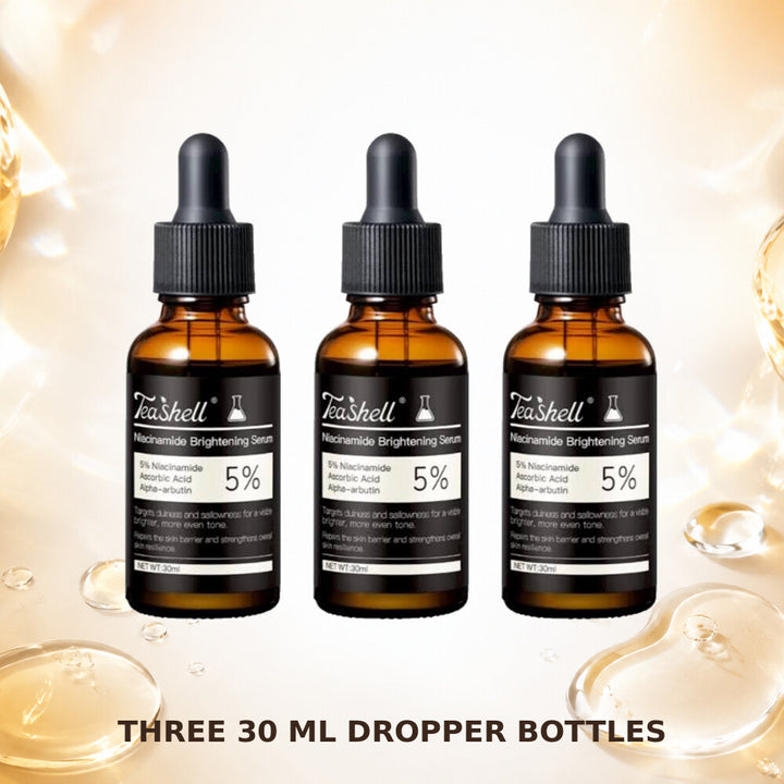 hree TeaShell 5 percent niacinamide serum bottles on an amber serum-inspired background