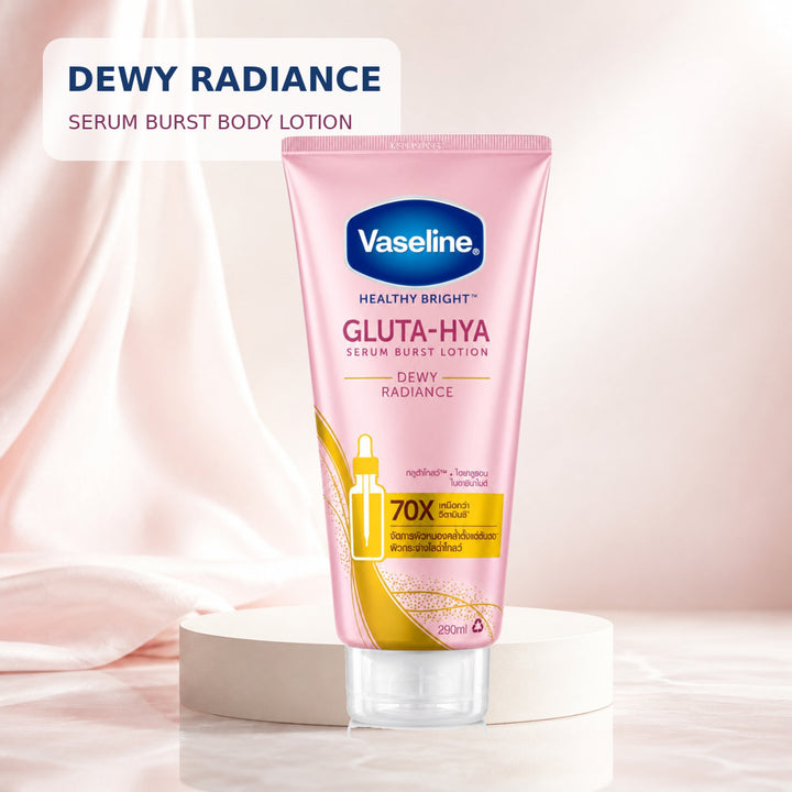 Vaseline Gluta-Hya Dewy Radiance Serum Burst Body Lotion 290ml on a soft pink studio background