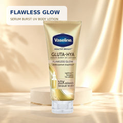 Vaseline Gluta-Hya Flawless Glow Serum Burst UV Body Lotion on a champagne studio background