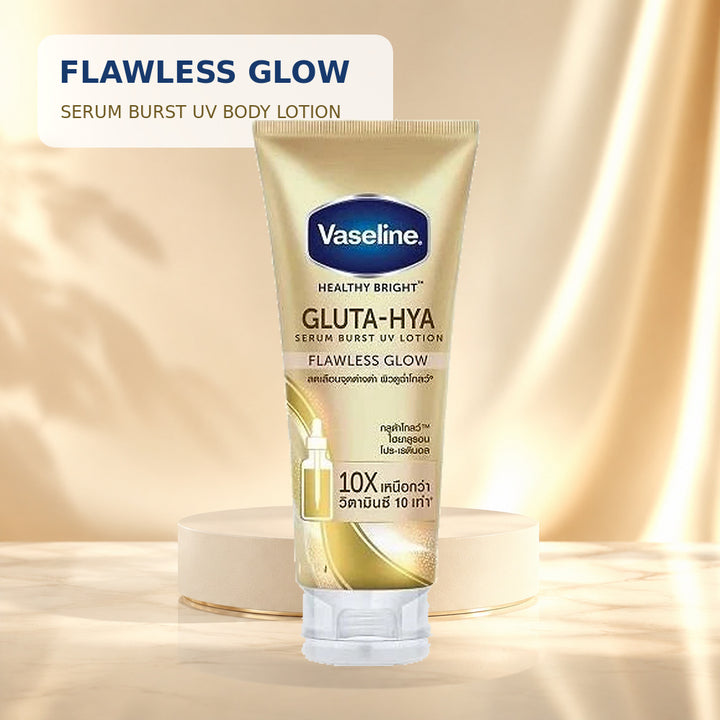 Vaseline Gluta-Hya Flawless Glow Serum Burst UV Body Lotion on a champagne studio background