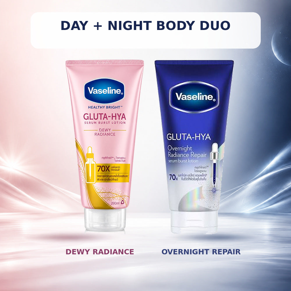 Vaseline Gluta-Hya day and night body lotion duo on a pink and blue studio background