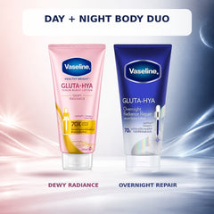 Vaseline Gluta-Hya day and night body lotion duo on a pink and blue studio background