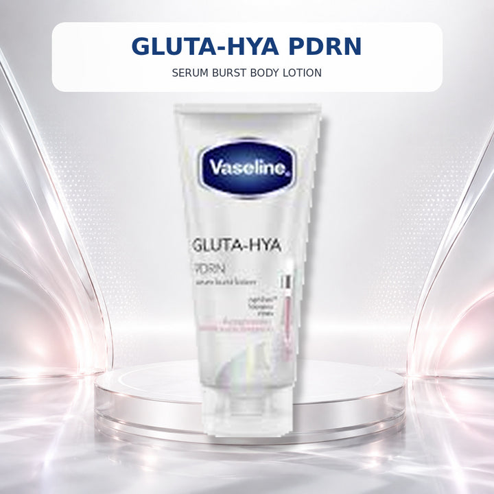Vaseline Gluta-Hya PDRN Serum Burst Body Lotion on a pearl-silver cosmetic background