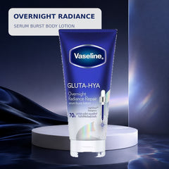 Vaseline Gluta-Hya Overnight Radiance Repair Serum Burst Body Lotion on a navy studio background