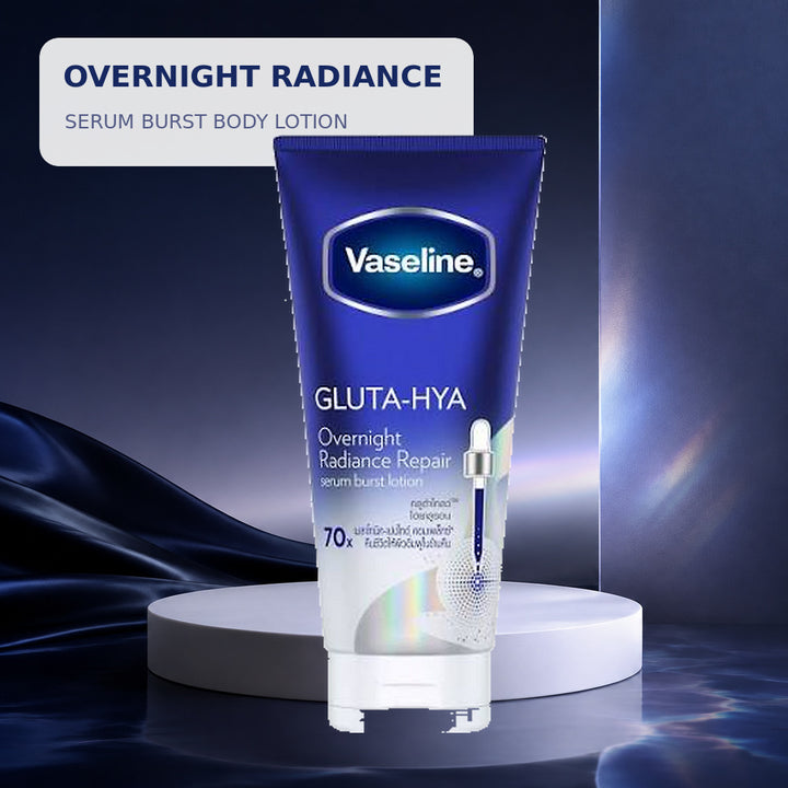 Vaseline Gluta-Hya Overnight Radiance Repair Serum Burst Body Lotion on a navy studio background