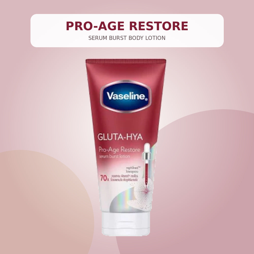 Vaseline Gluta-Hya Pro-Age Restore 290ml body lotion on a burgundy and gold studio background