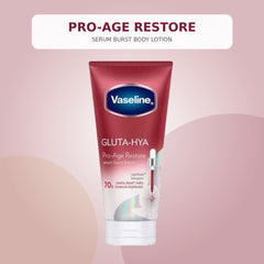 Vaseline Gluta-Hya Pro-Age Restore 290ml body lotion on a burgundy and gold studio background