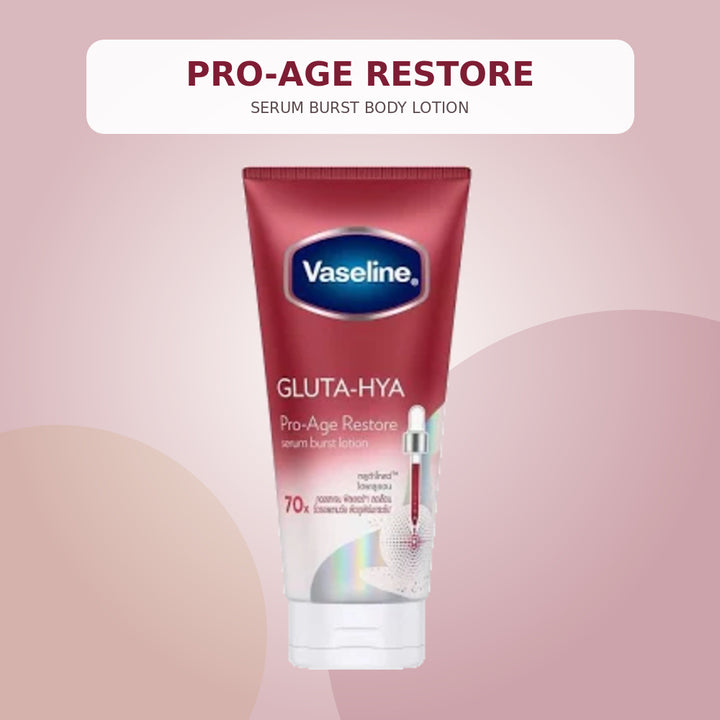 Vaseline Gluta-Hya Pro-Age Restore 290ml body lotion on a burgundy and gold studio background